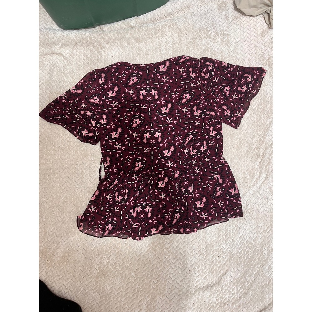 Madewell Womens Floral Peplum Wrap Top Burgundy Pink Short Sleeve MC057 XL